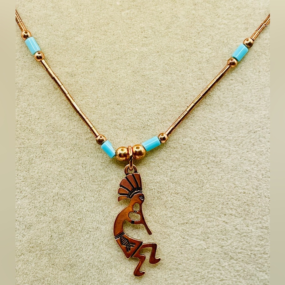 Native American Copper Kokopelli Pendant Necklace W/Copper & Turquoise. 16 Inch